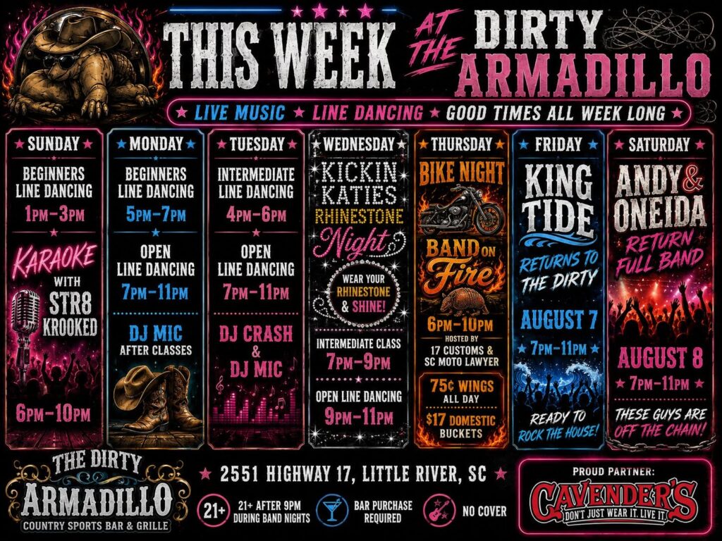 This Week at The Dirty Armadillo, Line Dancing, Live Music, Bike Night, Karaoke